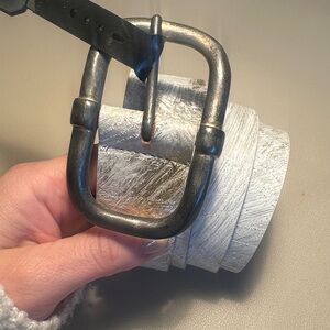 Women’s Silver Textured Genuine Leather Belt with Antique Buckle